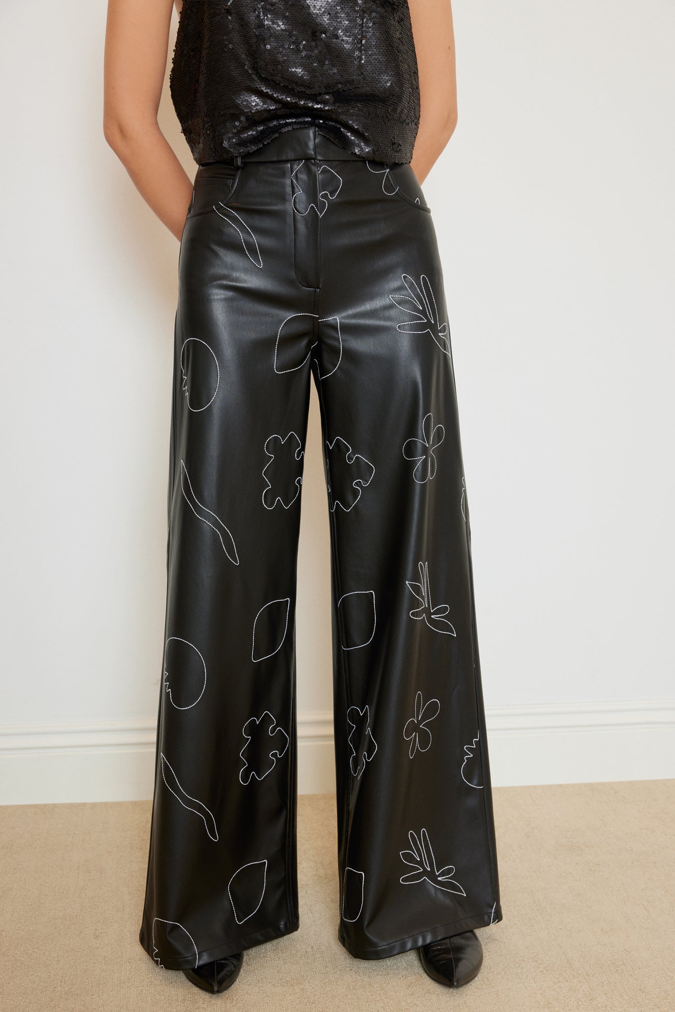 Flower Embroidery Vegan Leather Pants